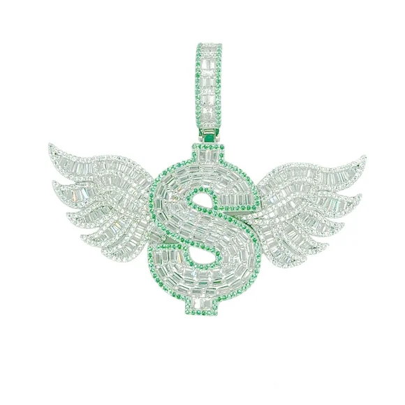 Sterling Silver 925 Rhodium Plated Dollar Sign Wings Baguette Clear and Green CZ